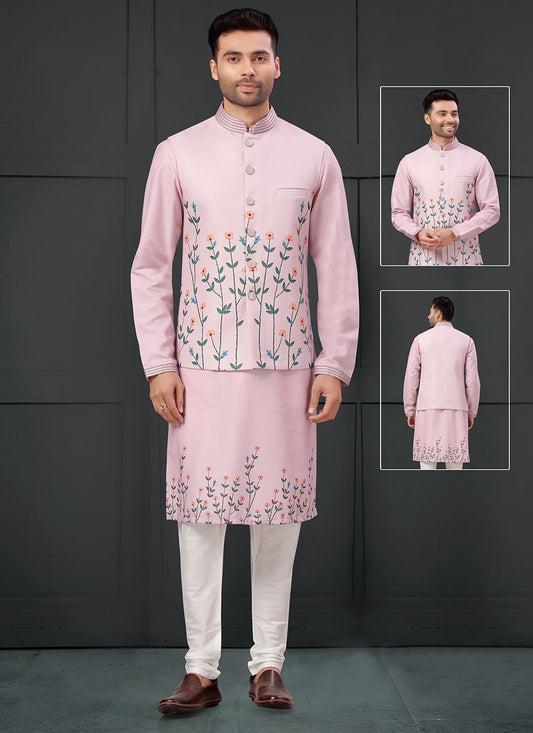 Kurta Payjama With Jacket Cotton Silk Pink Thread Mens
