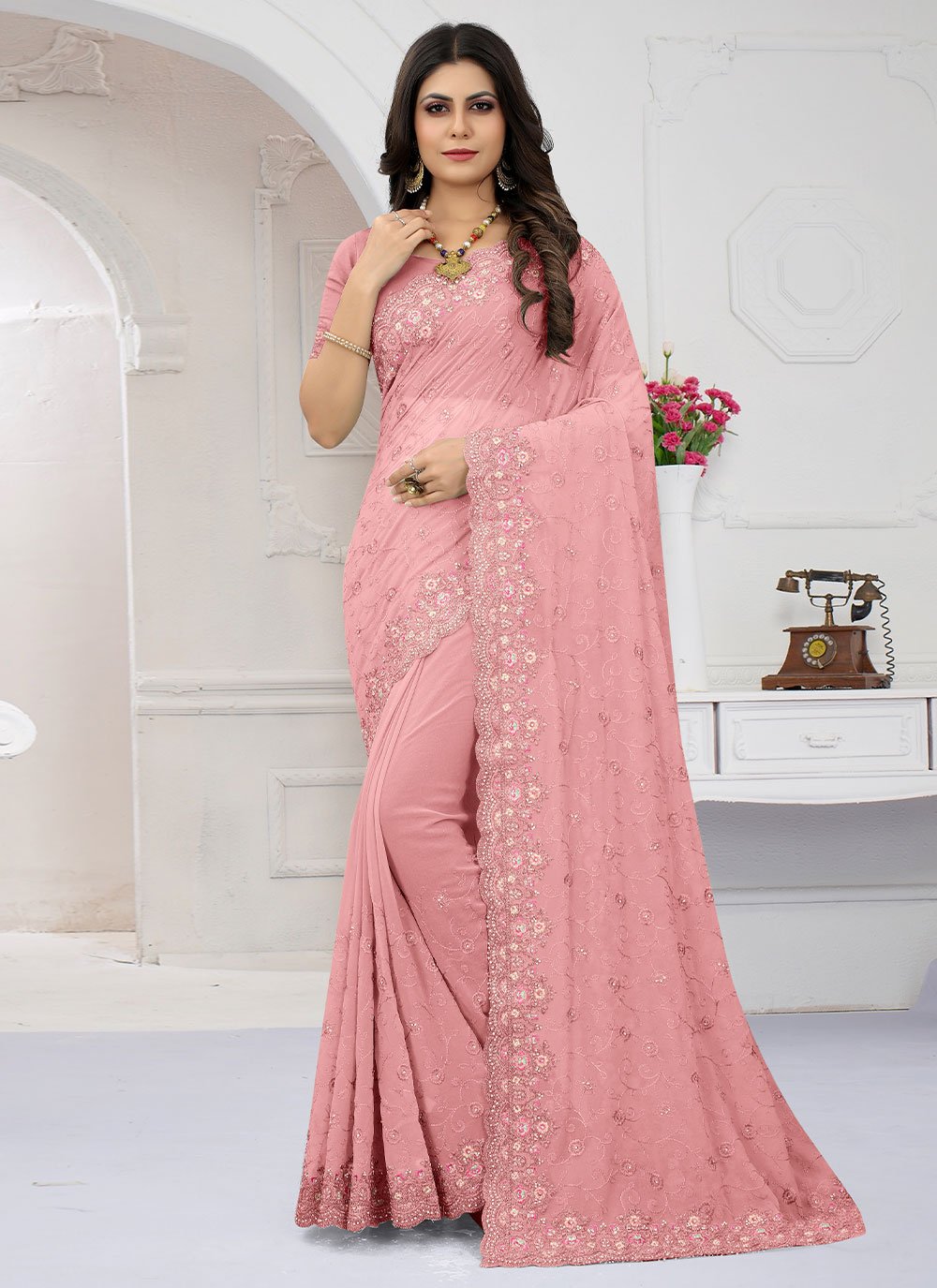 Contemporary Georgette Pink Diamond Saree