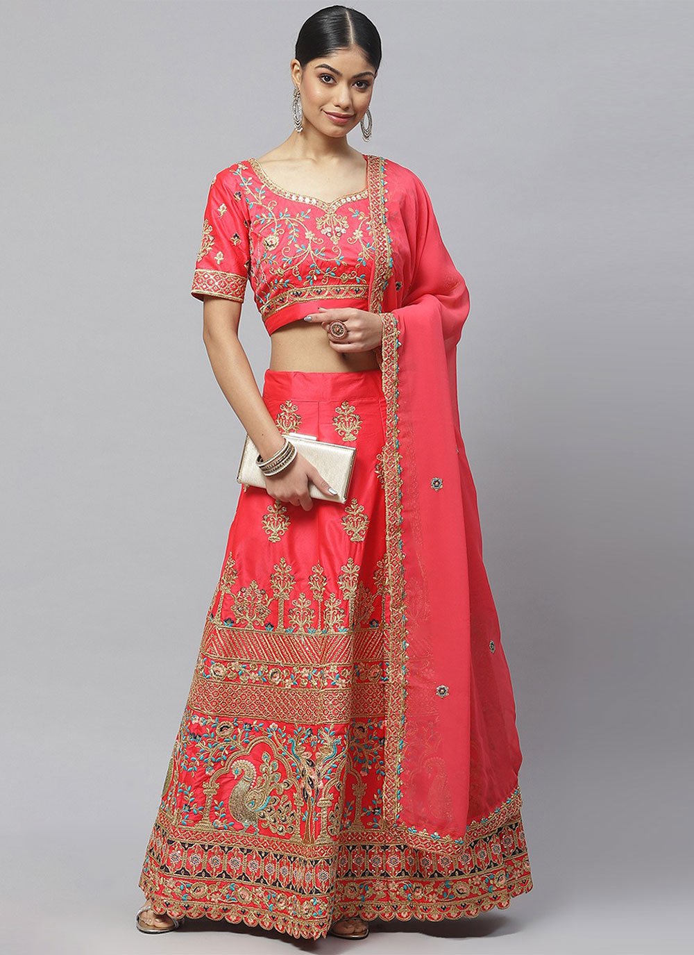 A Line Lehenga Satin Silk Pink Embroidered Lehenga Choli