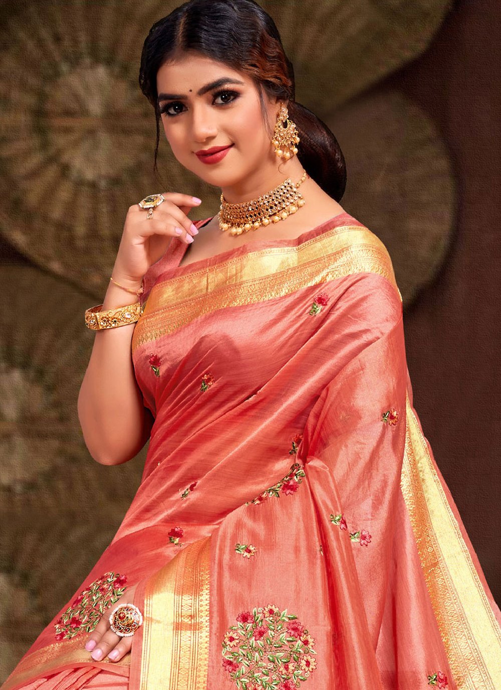 Trendy Saree Silk Tissue Pink Embroidered Saree