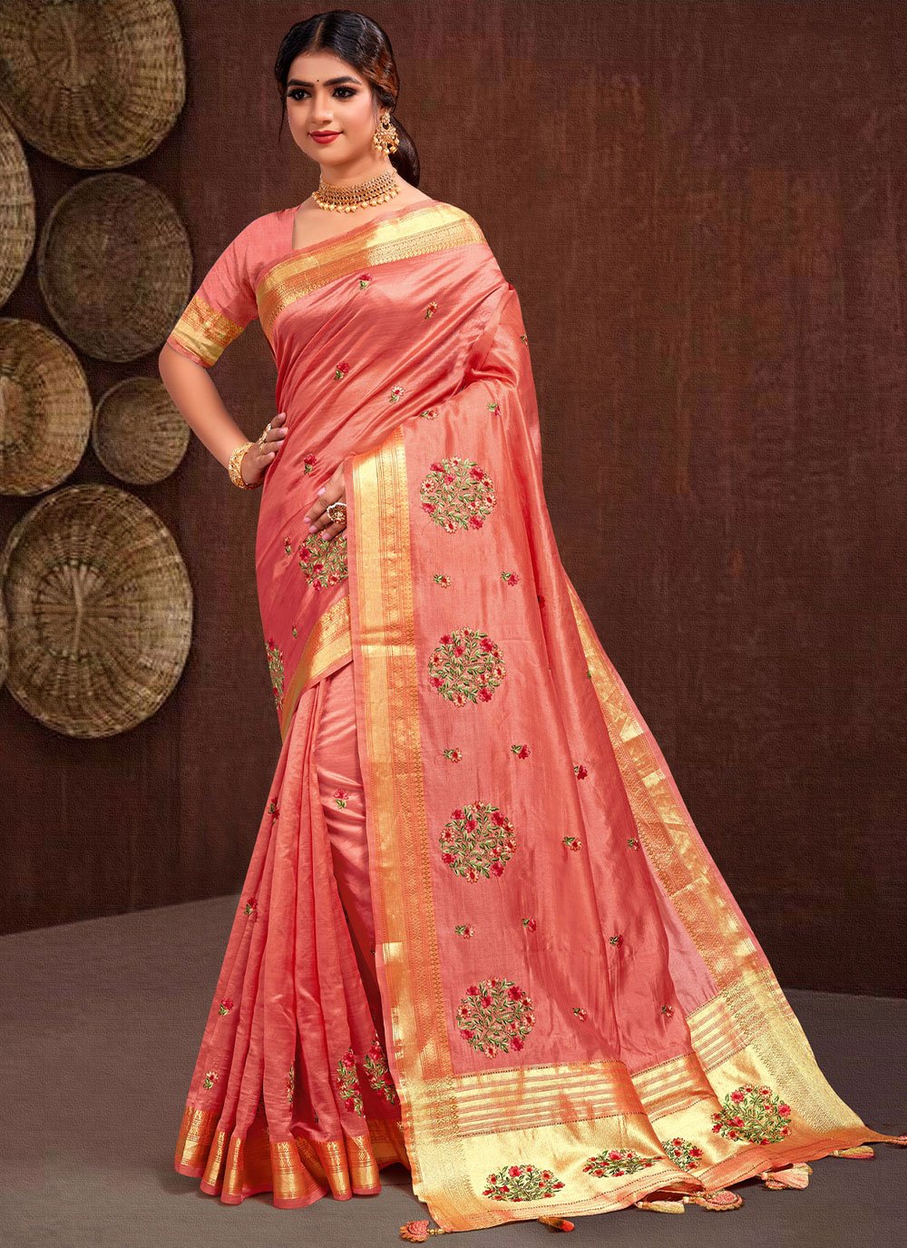 Trendy Saree Silk Tissue Pink Embroidered Saree