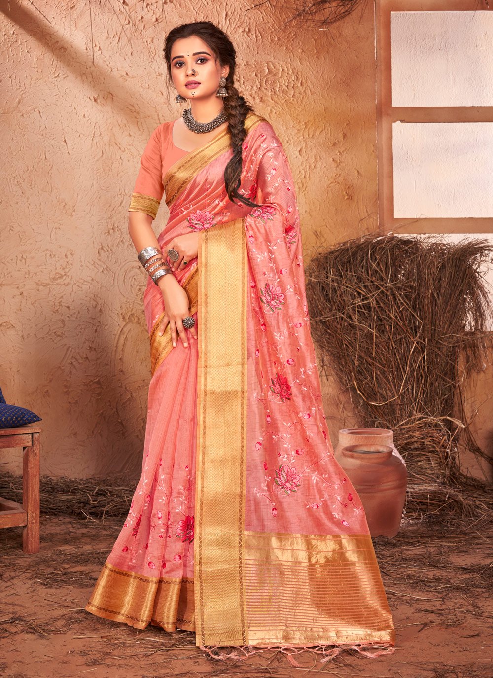 Trendy Saree Organza Pink Embroidered Saree