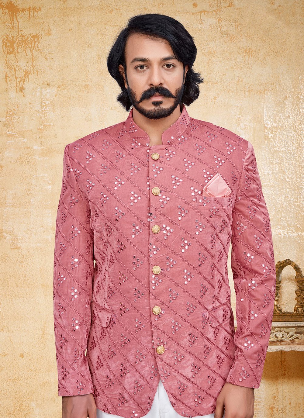 Jodhpuri Suit Velvet Pink Embroidered Mens