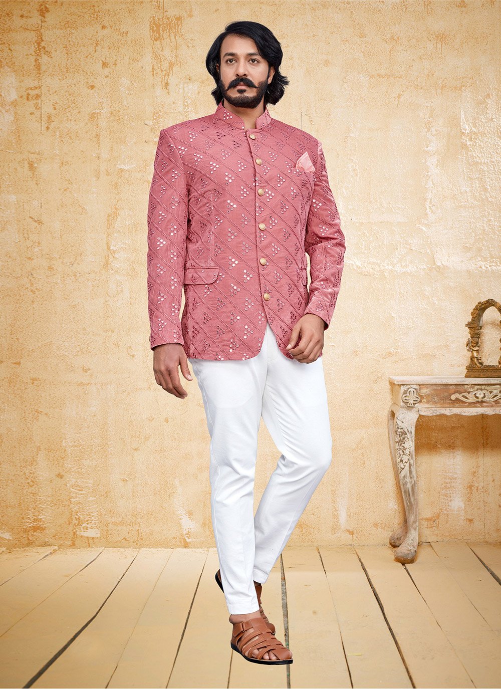 Jodhpuri Suit Velvet Pink Embroidered Mens