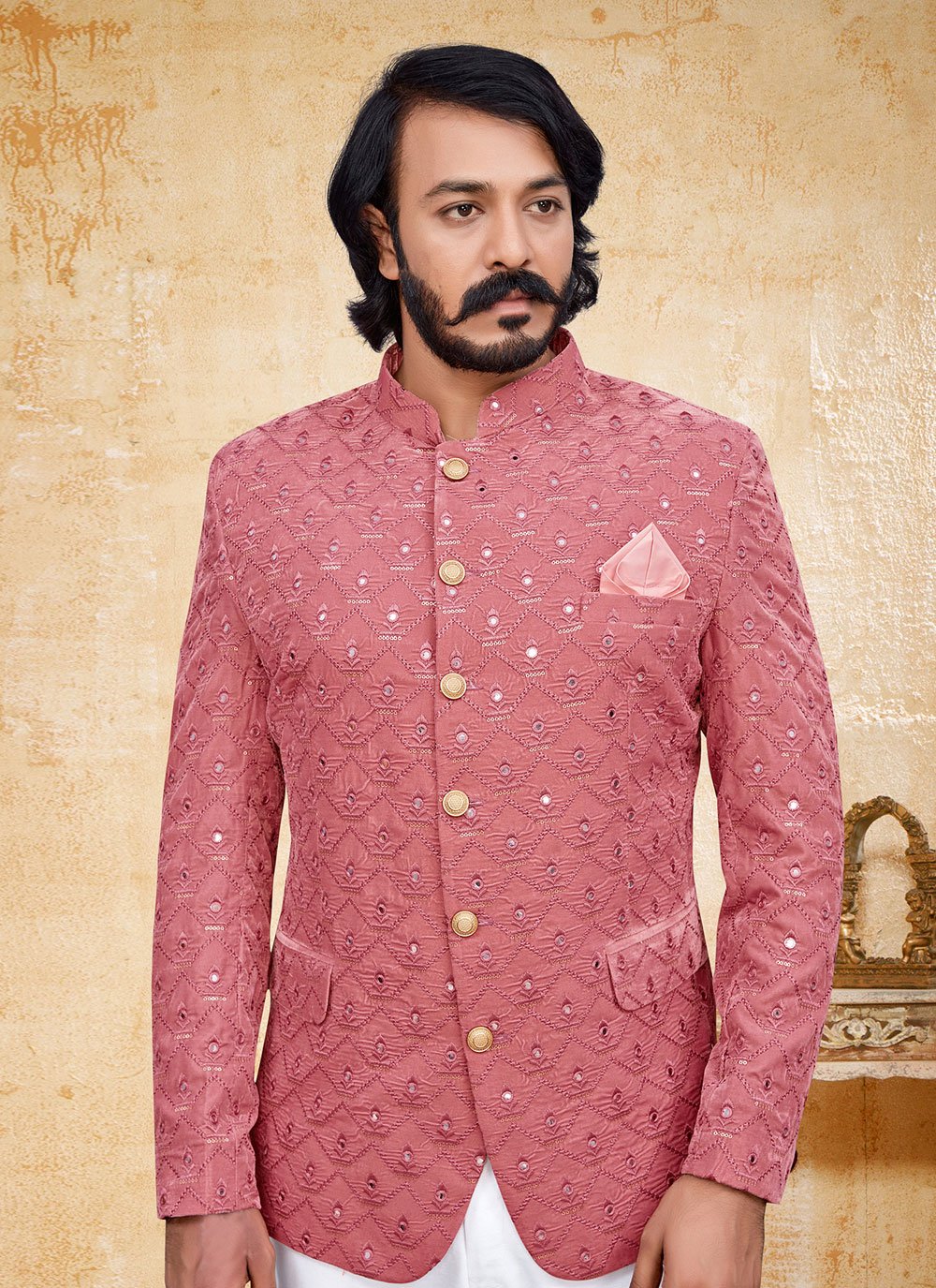 Jodhpuri Suit Velvet Pink Embroidered Mens