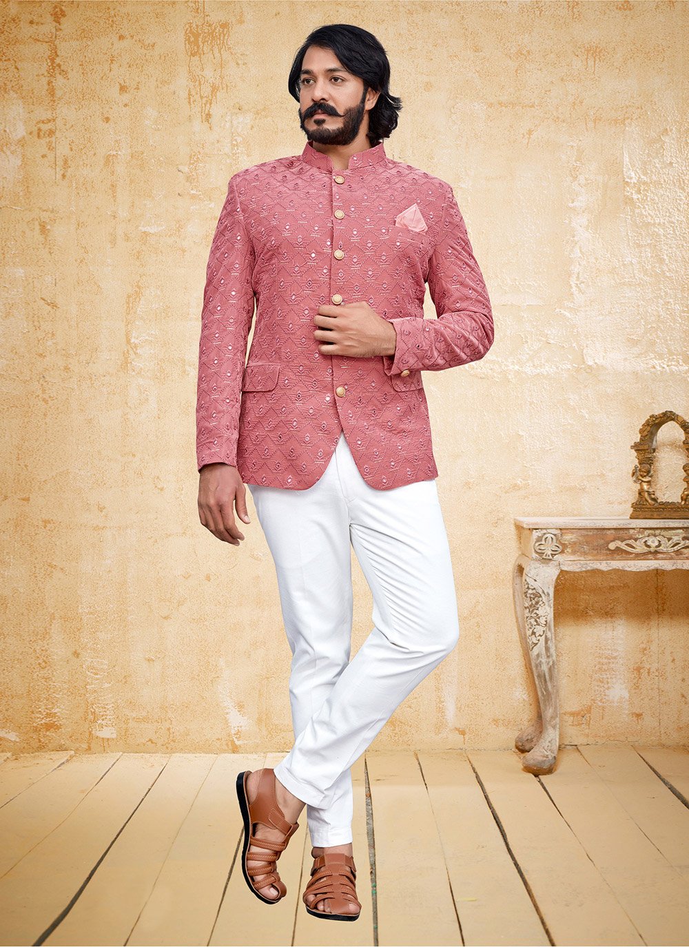 Jodhpuri Suit Velvet Pink Embroidered Mens