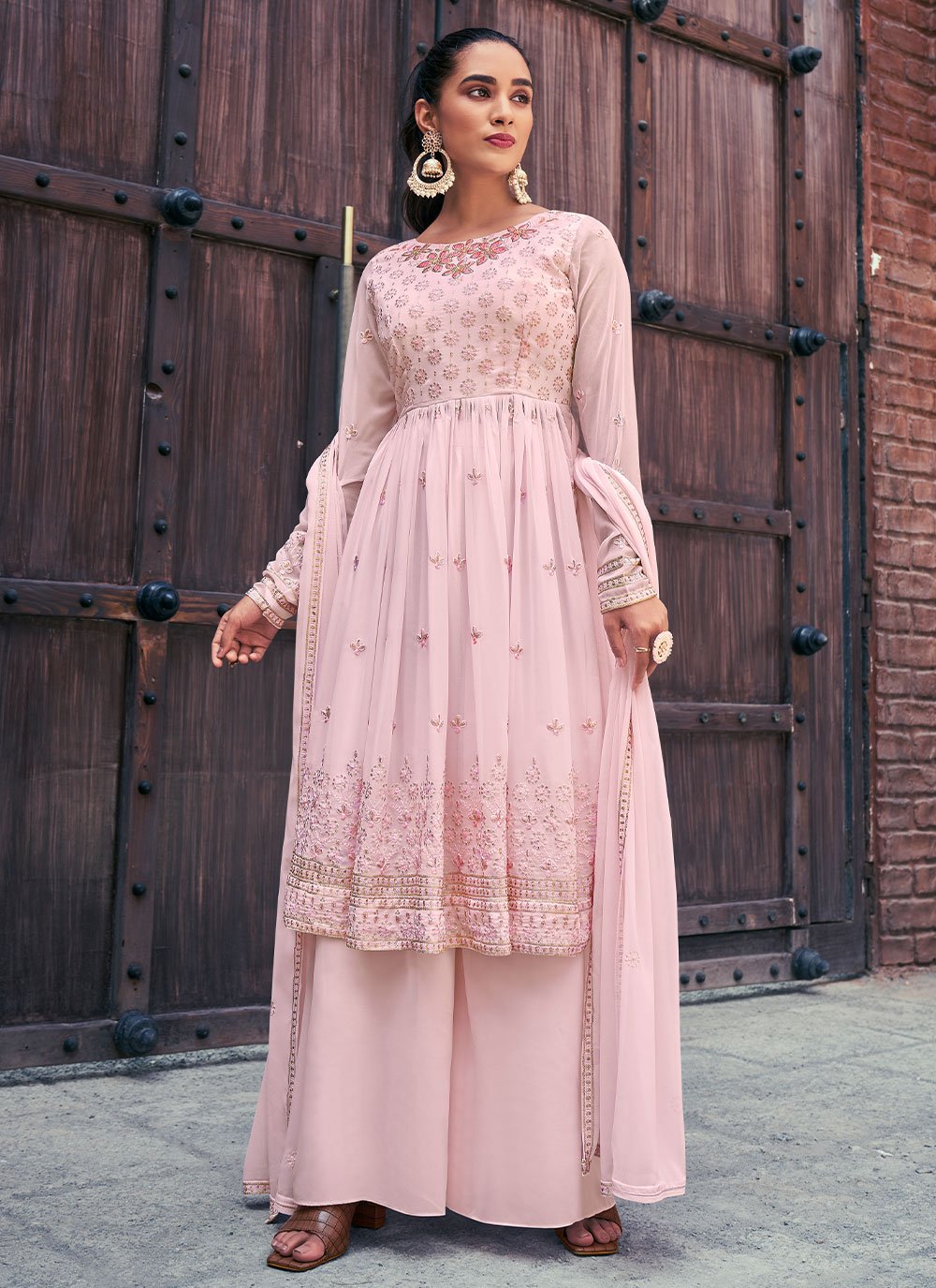 Palazzo Salwar Suit Georgette Pink Embroidered Salwar Kameez