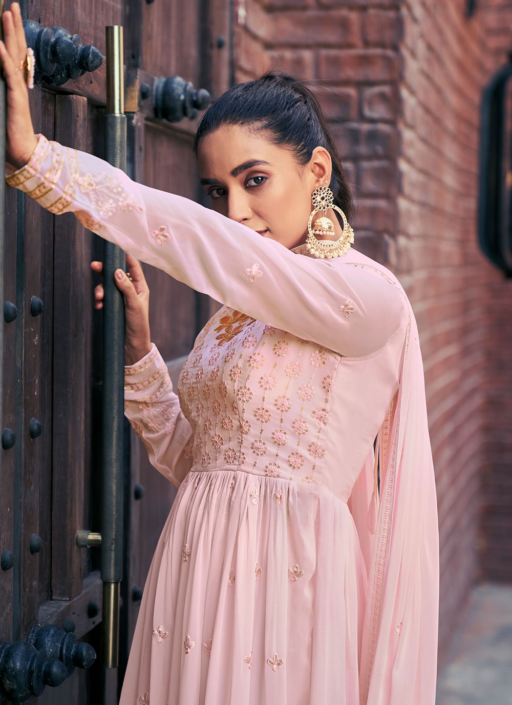 Palazzo Salwar Suit Georgette Pink Embroidered Salwar Kameez