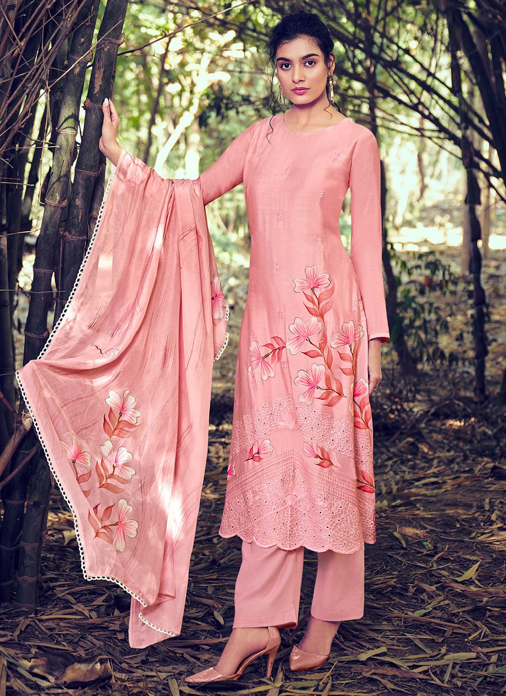 Salwar Suit Bembarg Muslin Pink Embroidered Salwar Kameez