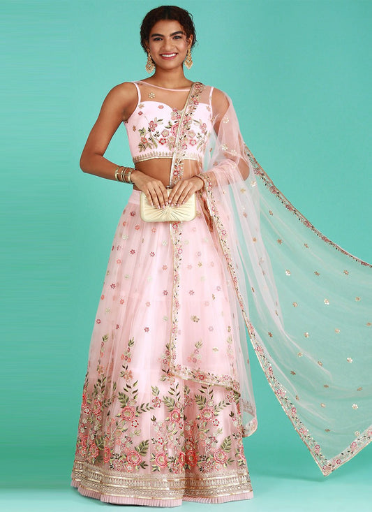 A Line Lehenga Net Pink Embroidered Lehenga Choli