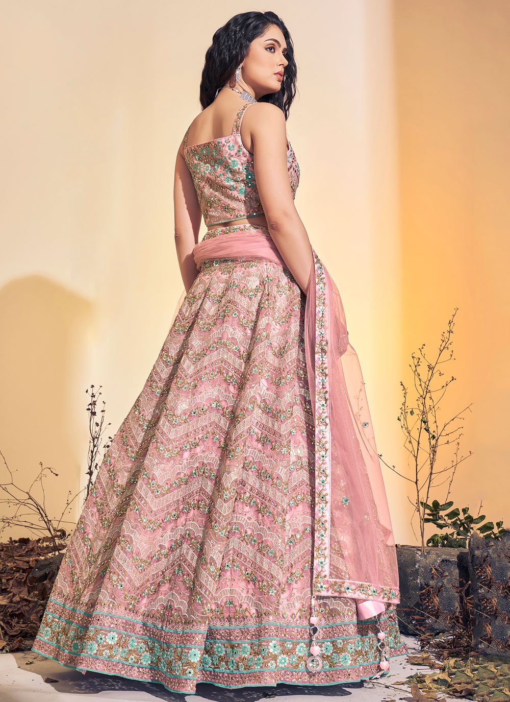 A Line Lehenga Net Pink Hand Work Lehenga Choli