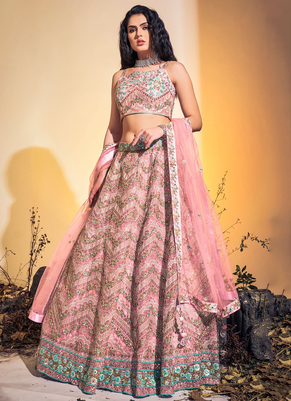 A Line Lehenga Net Pink Hand Work Lehenga Choli