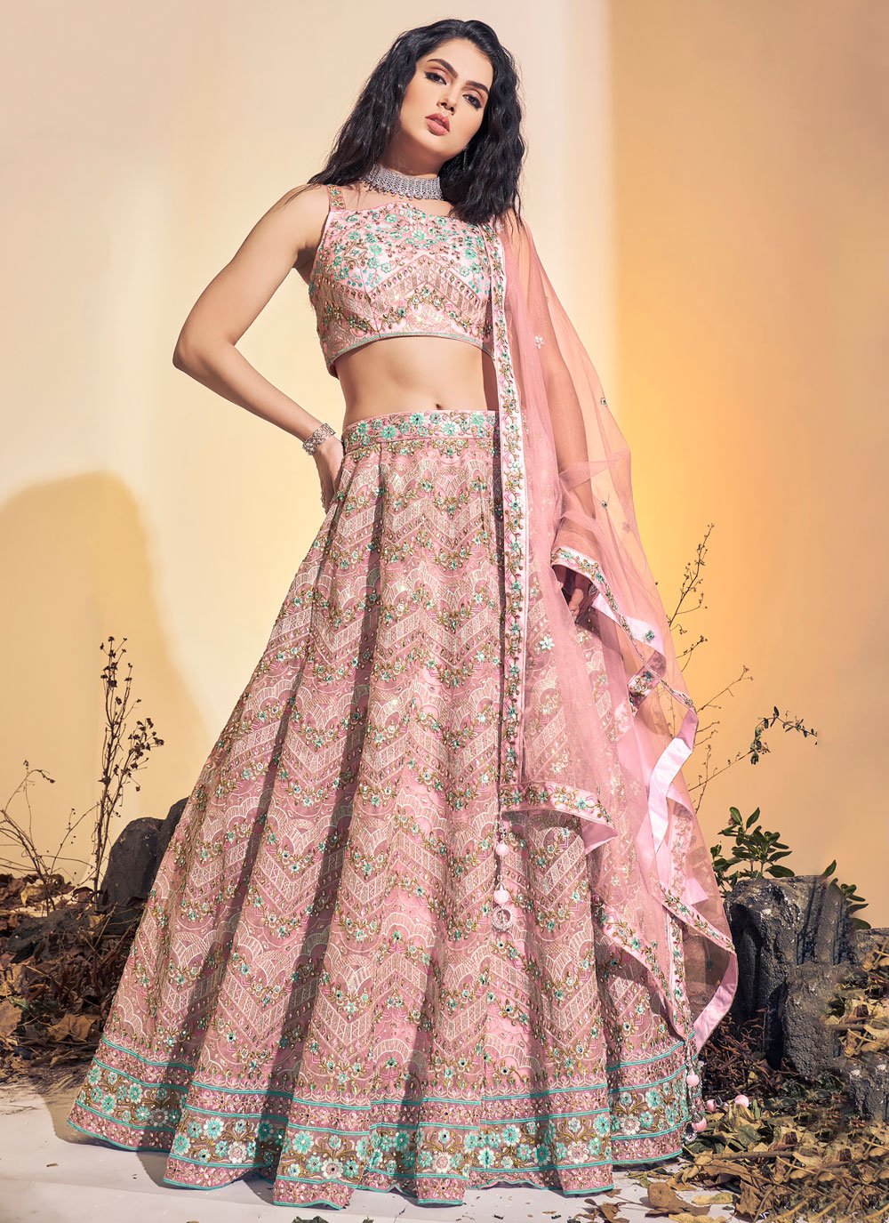 A Line Lehenga Net Pink Hand Work Lehenga Choli