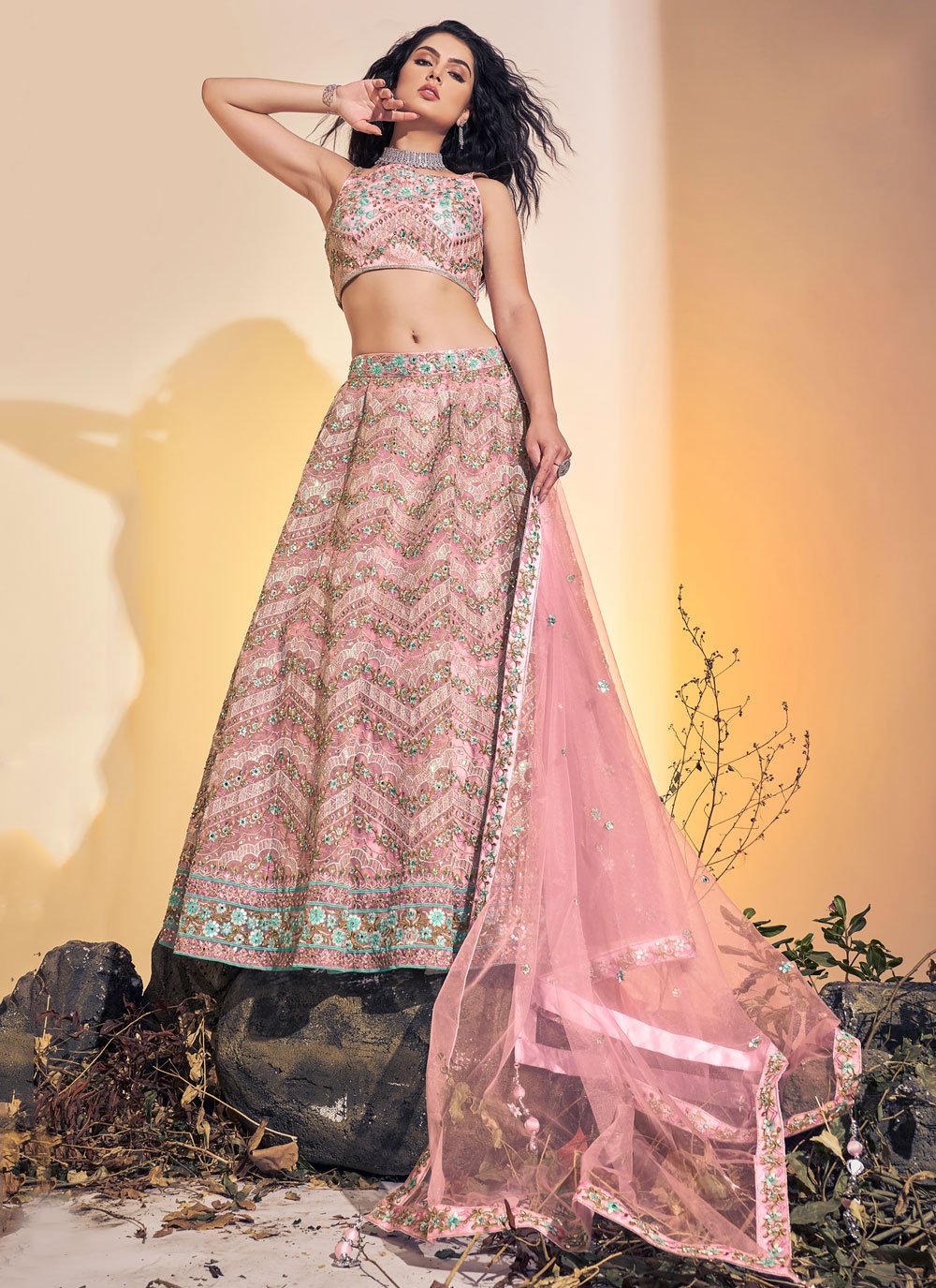 A Line Lehenga Net Pink Hand Work Lehenga Choli