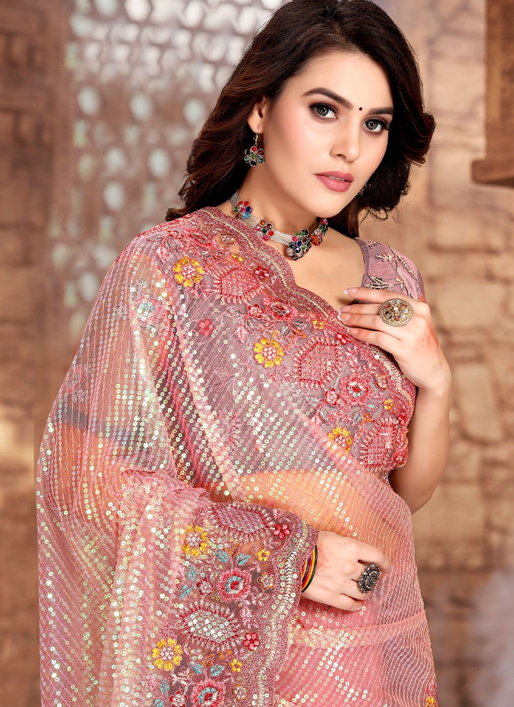 Classic Net Pink Embroidered Saree