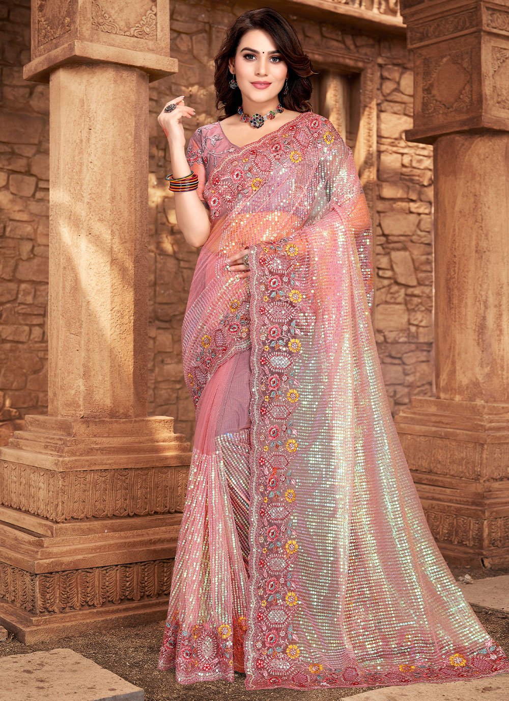 Classic Net Pink Embroidered Saree