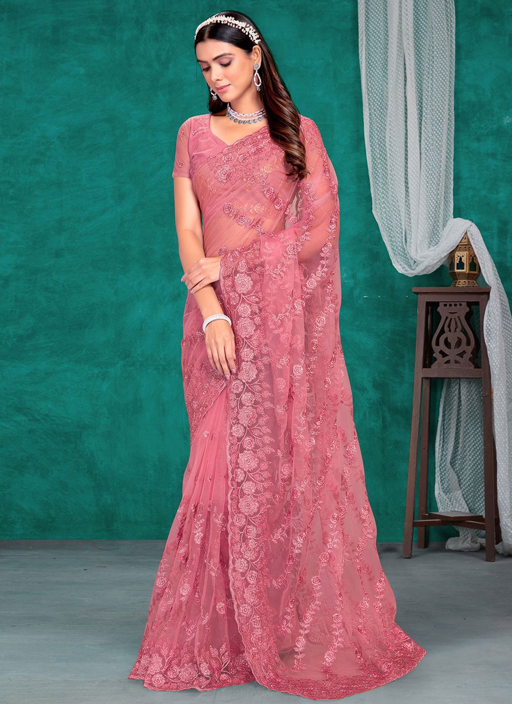 Contemporary Net Pink Embroidered Saree