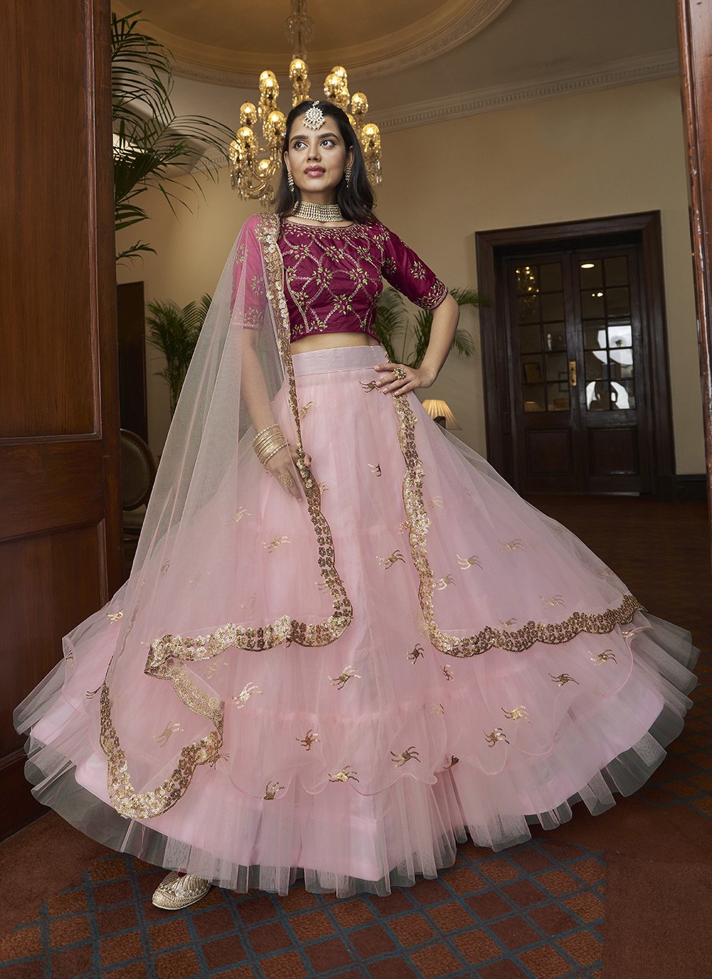 A Line Lehenga Net Pink Embroidered Lehenga Choli