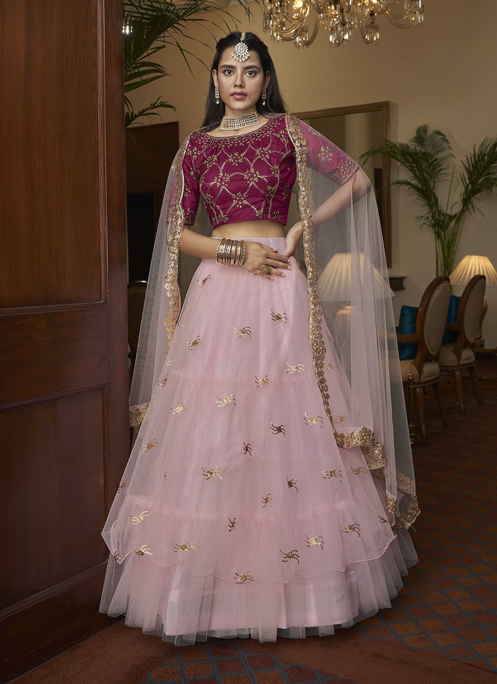 A Line Lehenga Net Pink Embroidered Lehenga Choli