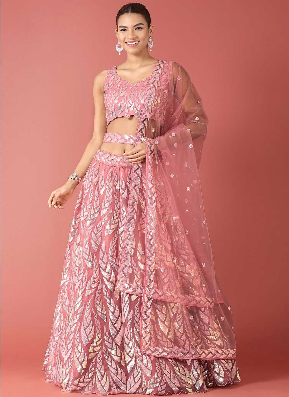 Lehenga Choli Net Pink Embroidered Lehenga Choli