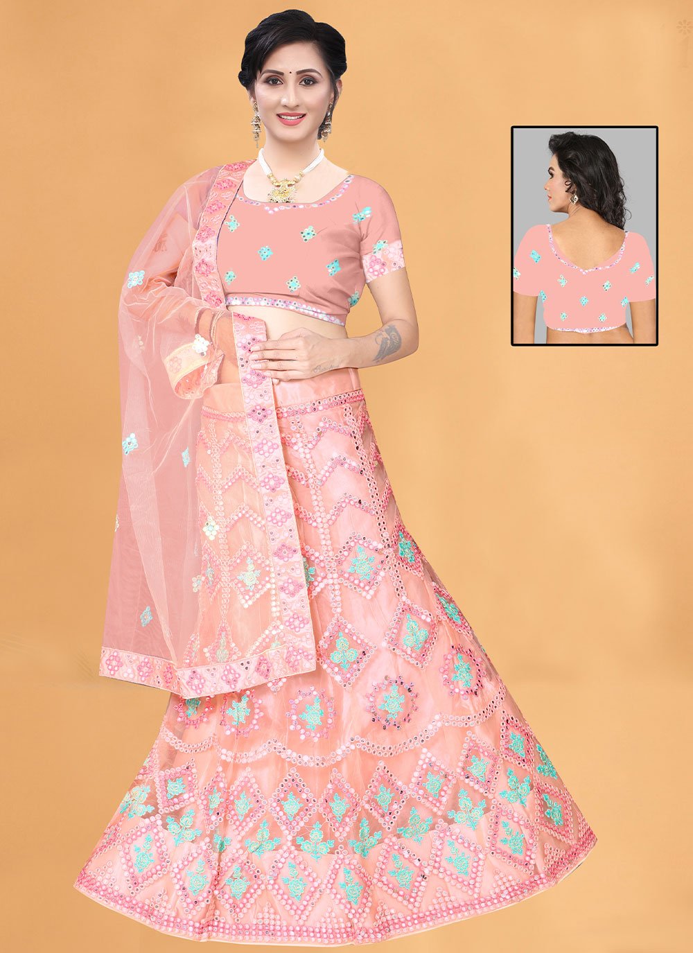 Lehenga Choli Net Pink Mirror Lehenga Choli