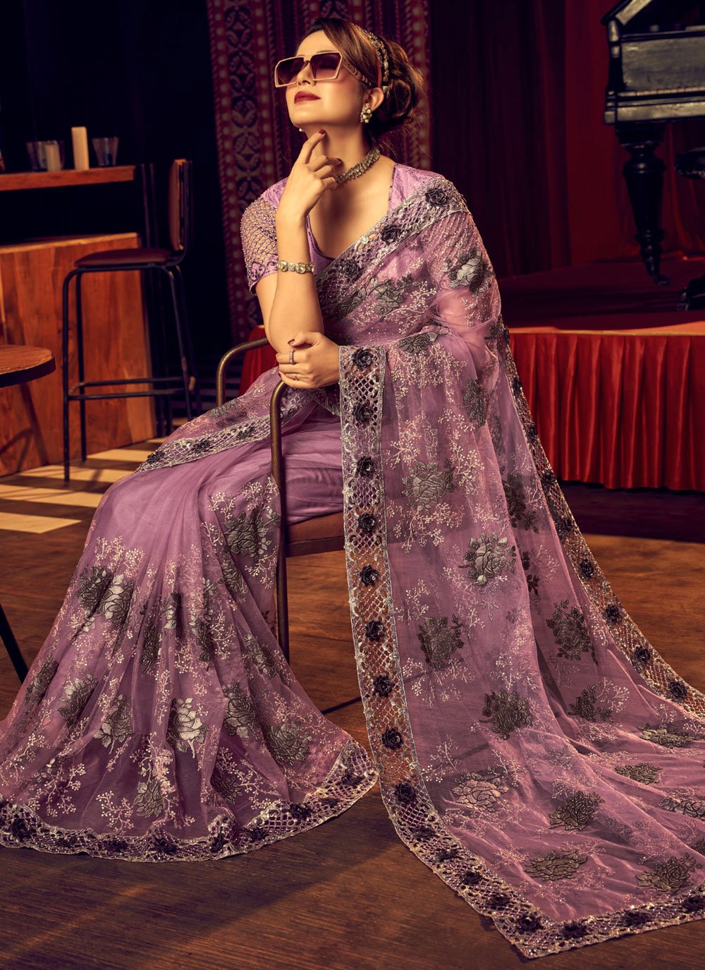 Contemporary Lycra Net Pink Embroidered Saree