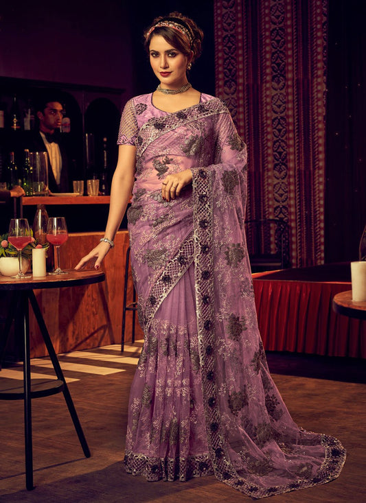 Contemporary Lycra Net Pink Embroidered Saree