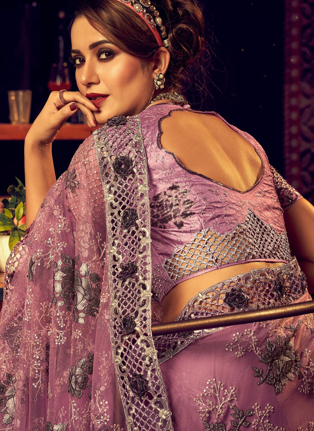 Contemporary Lycra Net Pink Embroidered Saree