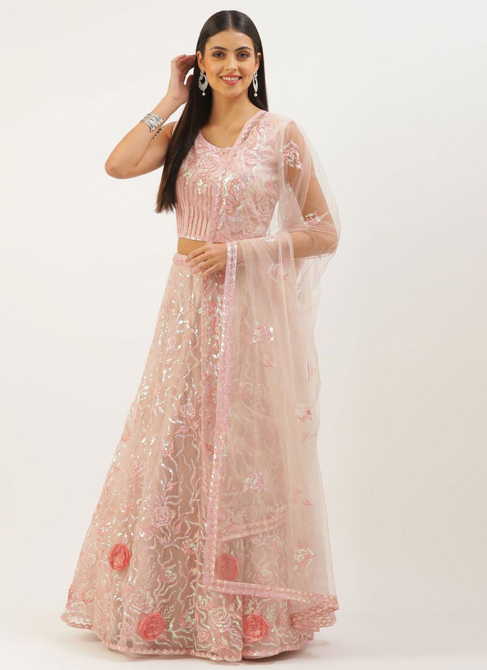 A Line Lehenga Net Pink Embroidered Lehenga Choli