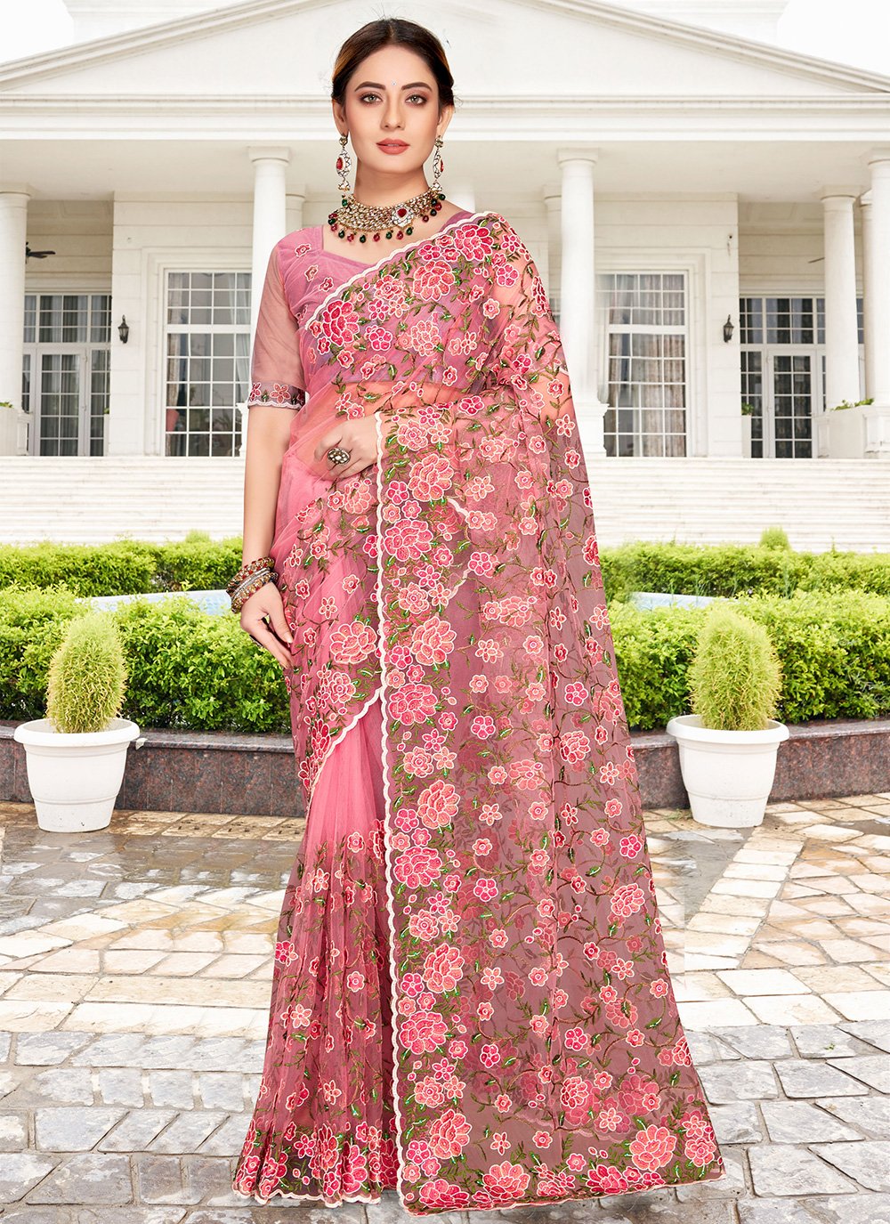 Trendy Saree Net Pink Embroidered Saree