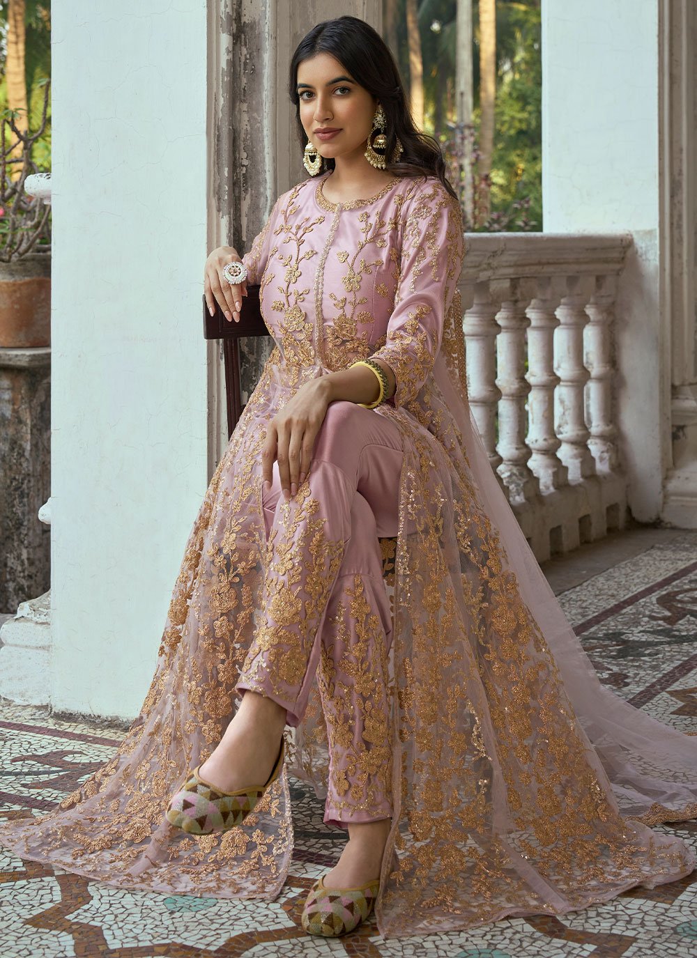 Salwar Suit Net Pink Embroidered Salwar Kameez