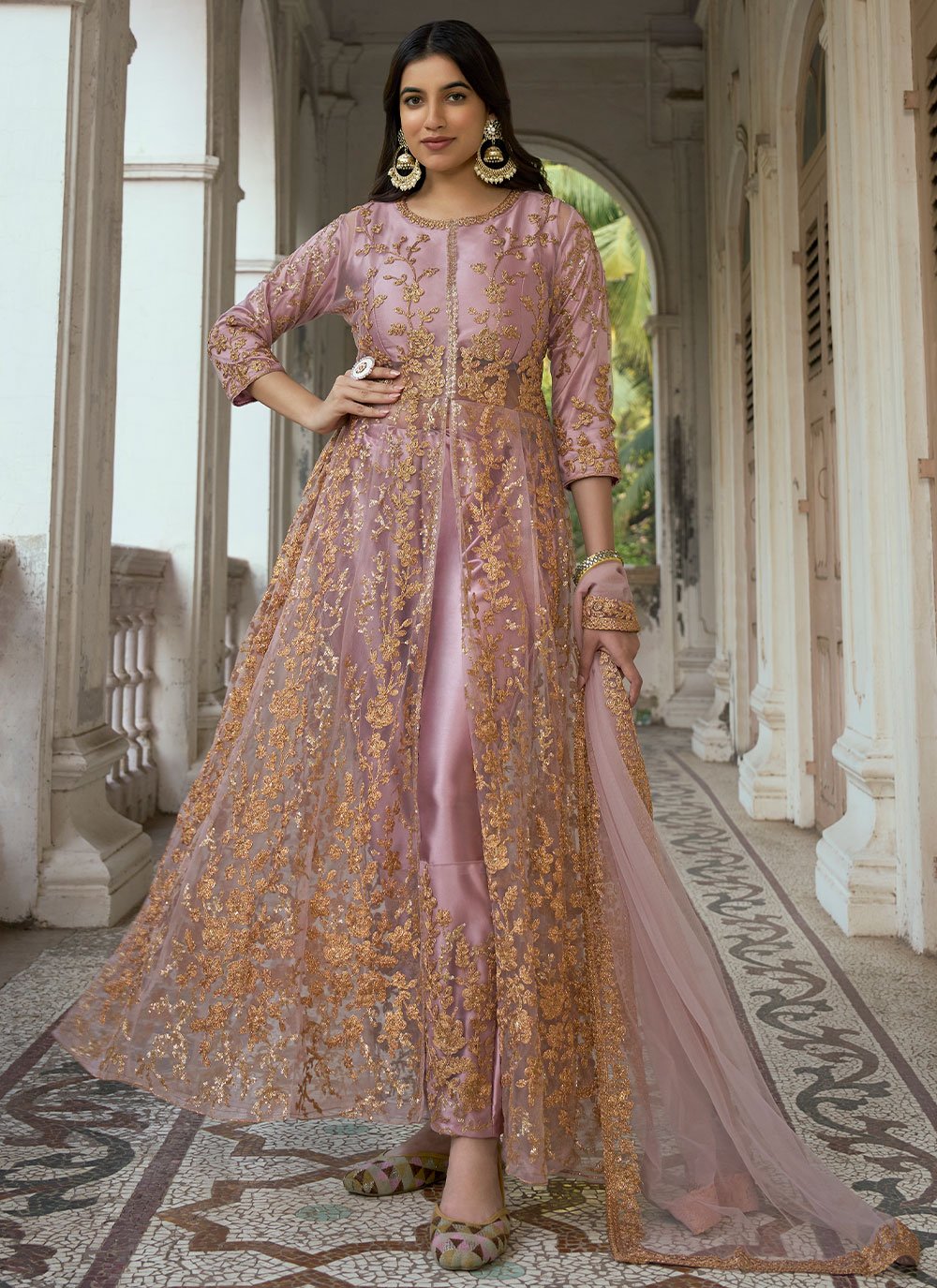 Salwar Suit Net Pink Embroidered Salwar Kameez