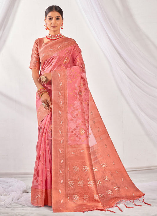 Designer Organza Pink Embroidered Saree