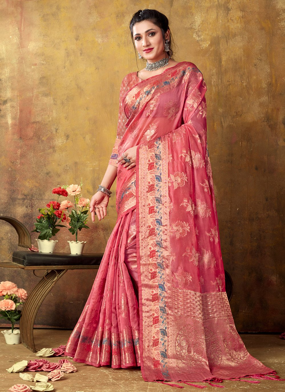 Classic Organza Pink Embroidered Saree