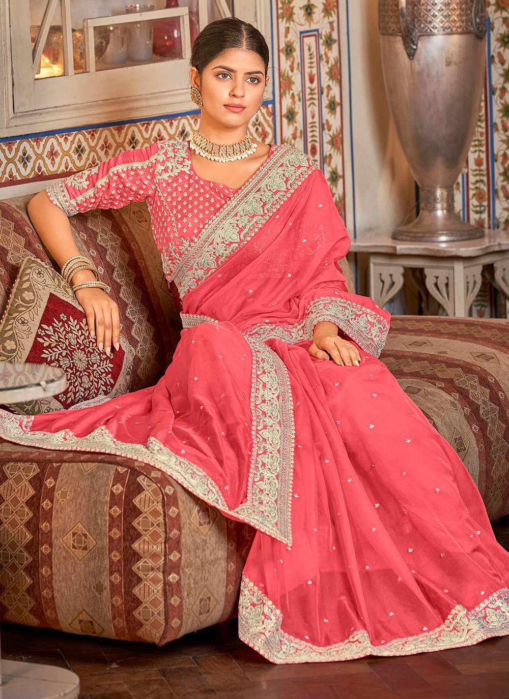 Classic Organza Pink Dori Work Saree