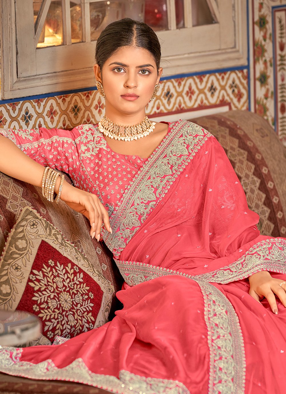 Classic Organza Pink Dori Work Saree