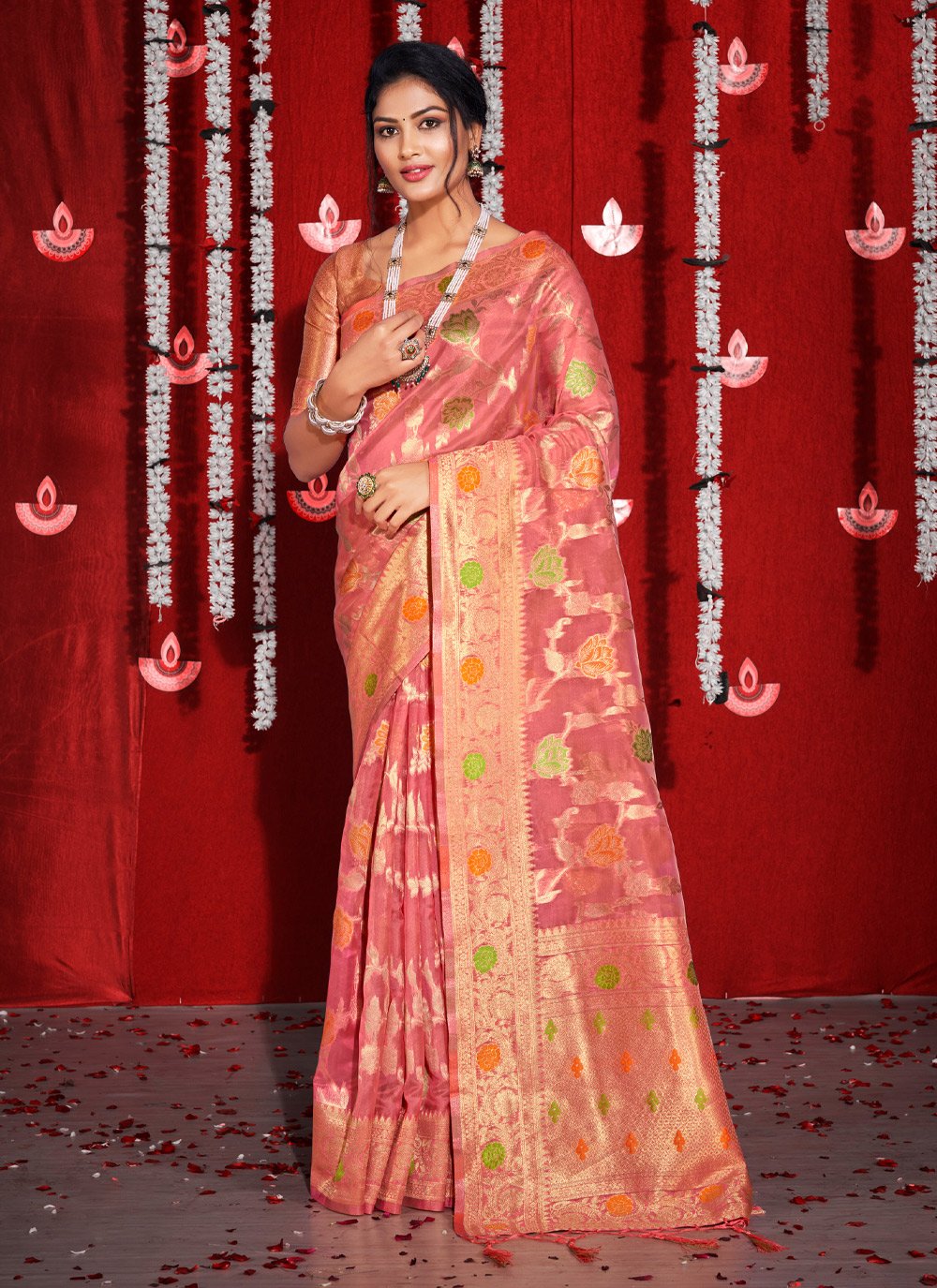 Traditional Saree Organza Pink Embroidered Saree