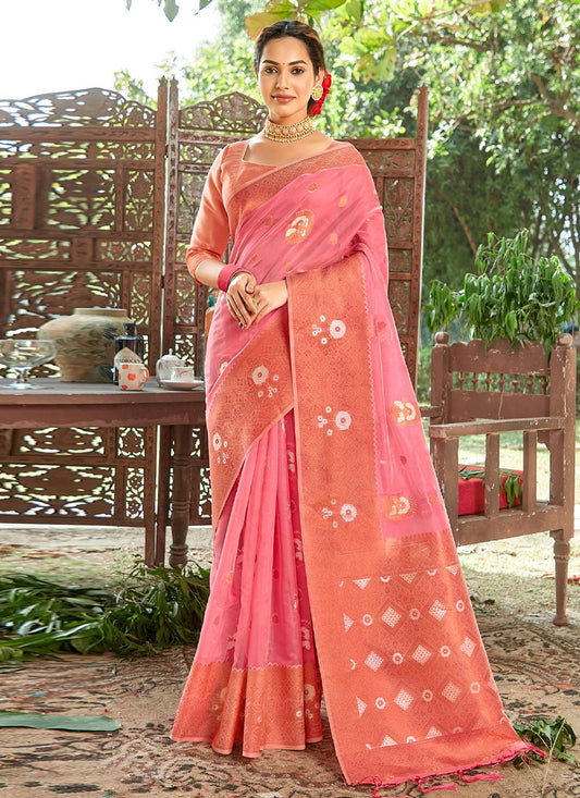 Traditional Saree Organza Pink Embroidered Saree