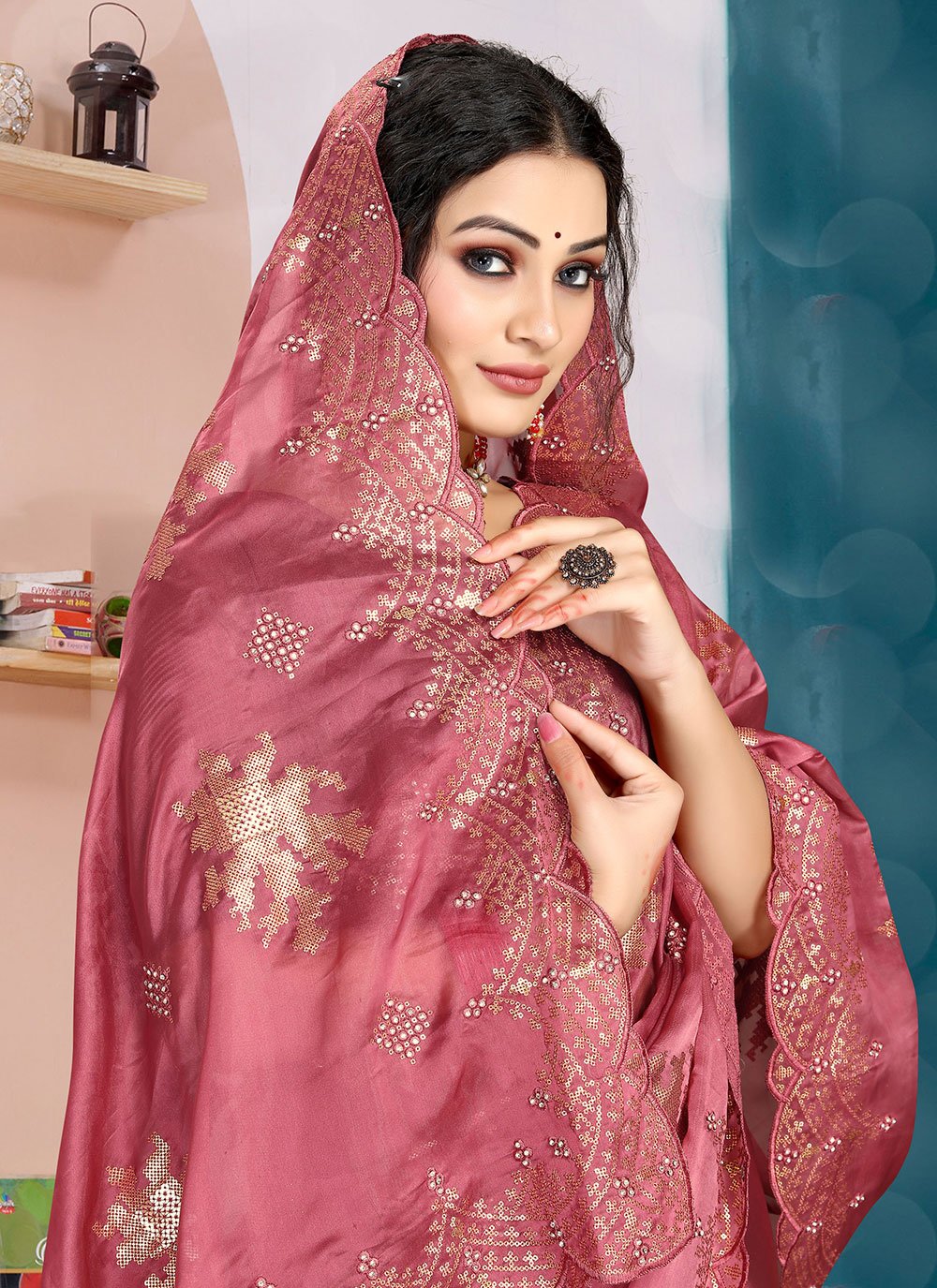 Contemporary Organza Silk Pink Diamond Saree