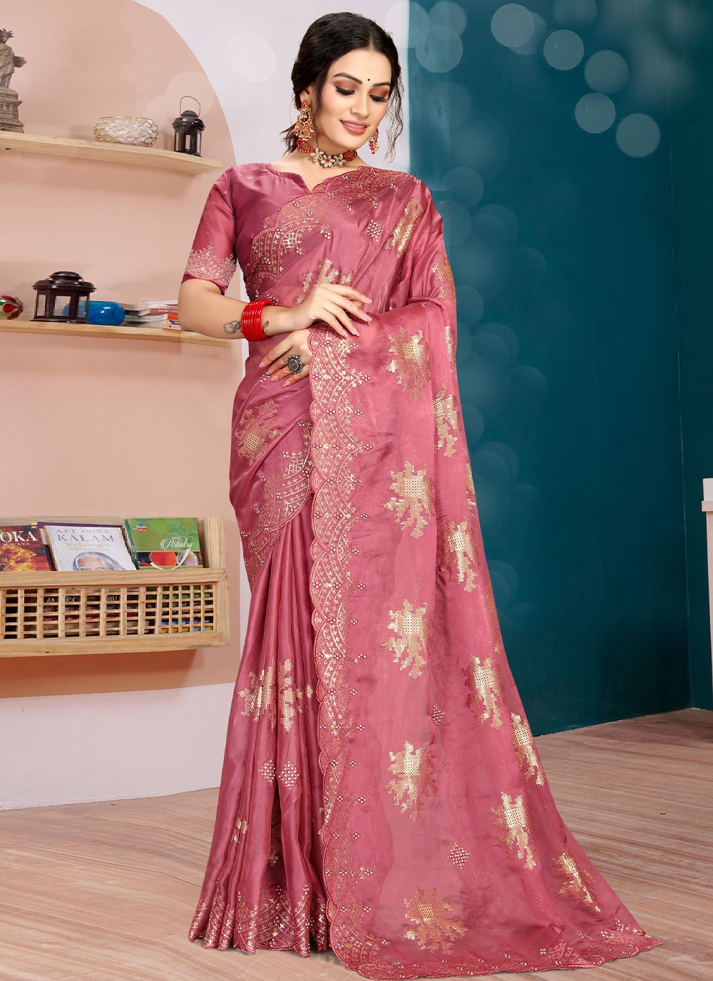 Contemporary Organza Silk Pink Diamond Saree