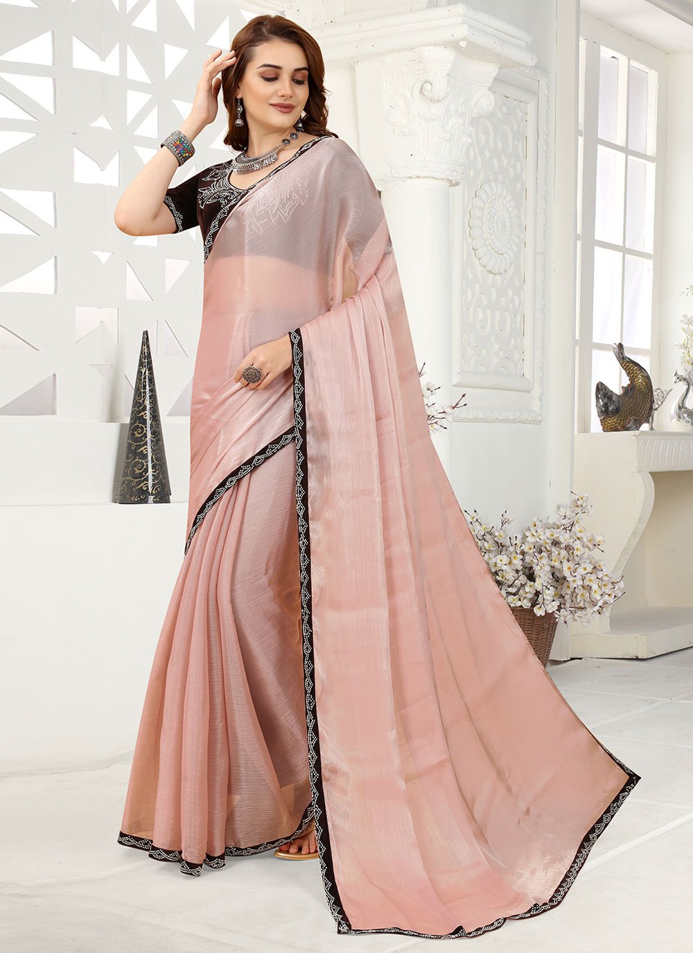 Classic Organza Pink Lace Saree