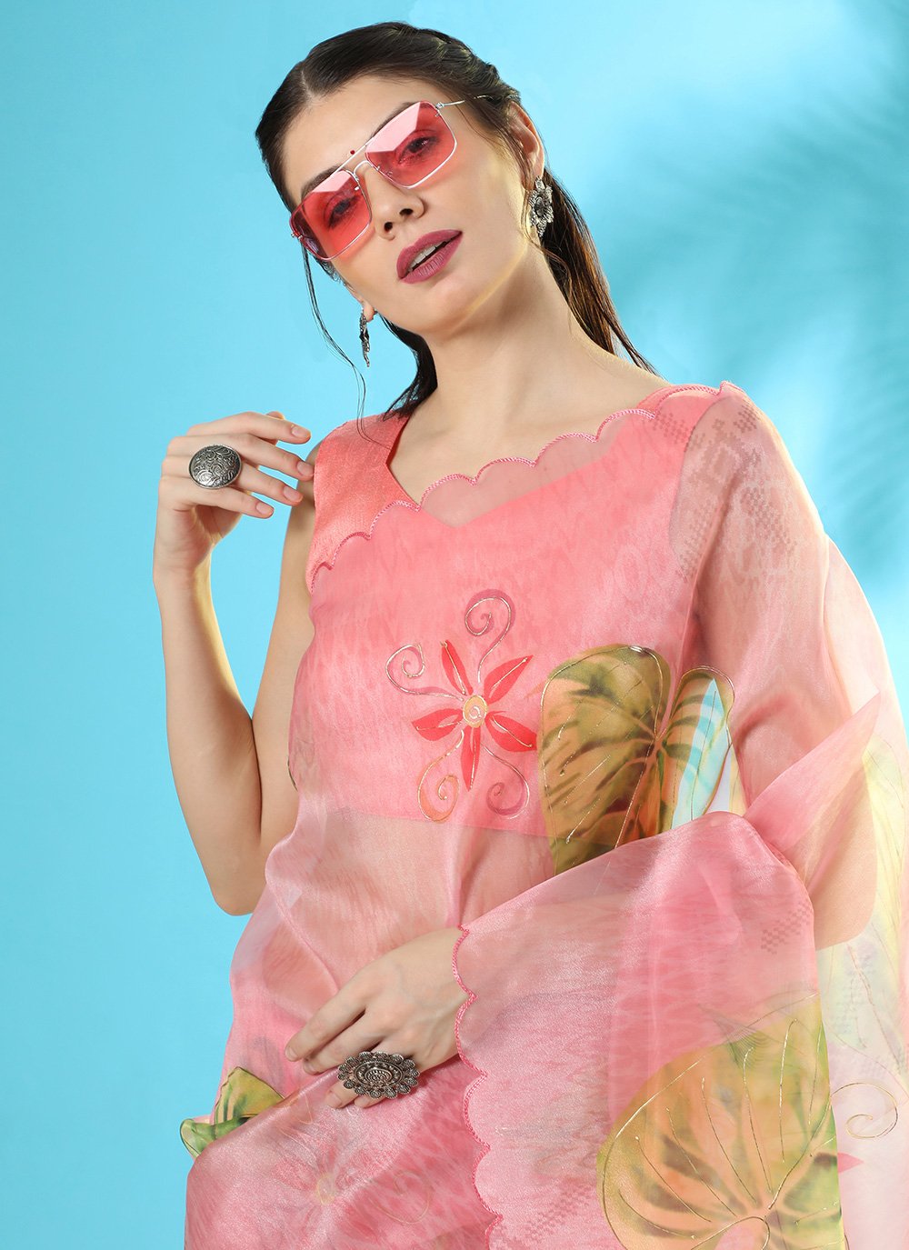 Classic Organza Silk Pink Digital Print Saree