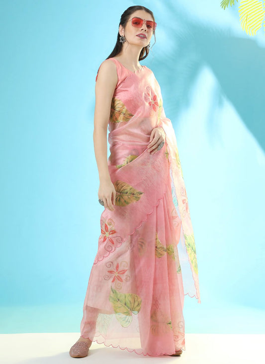 Classic Organza Silk Pink Digital Print Saree