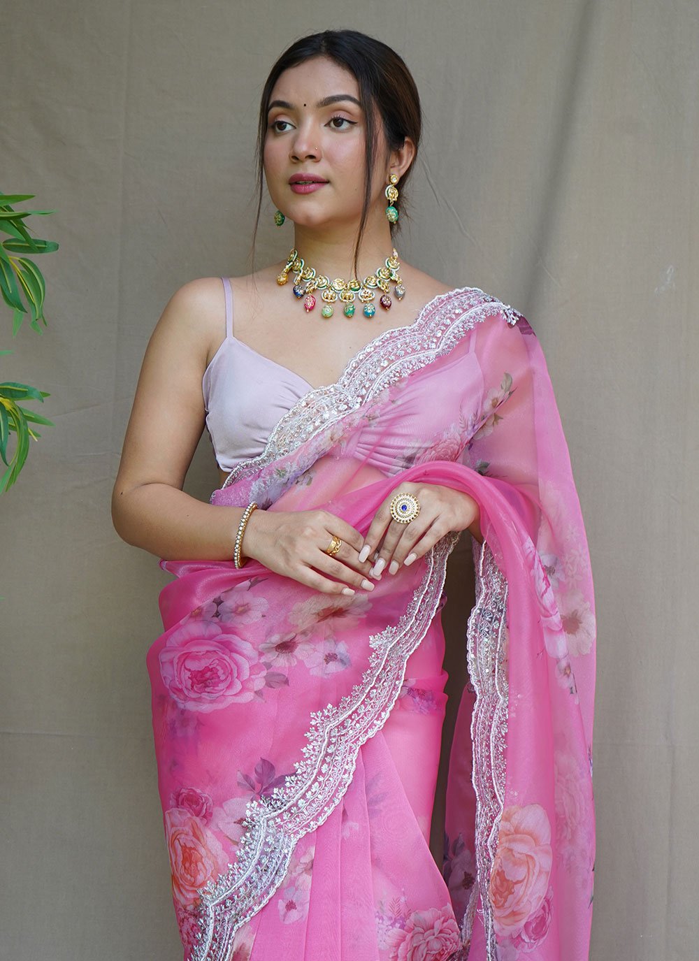 Trendy Saree Organza Pink Digital Print Saree