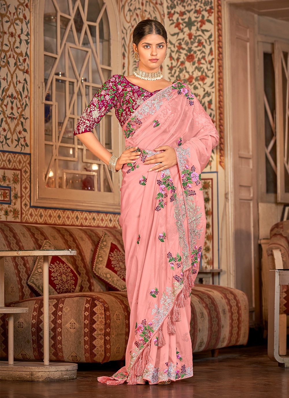 Contemporary Organza Pink Thread Saree