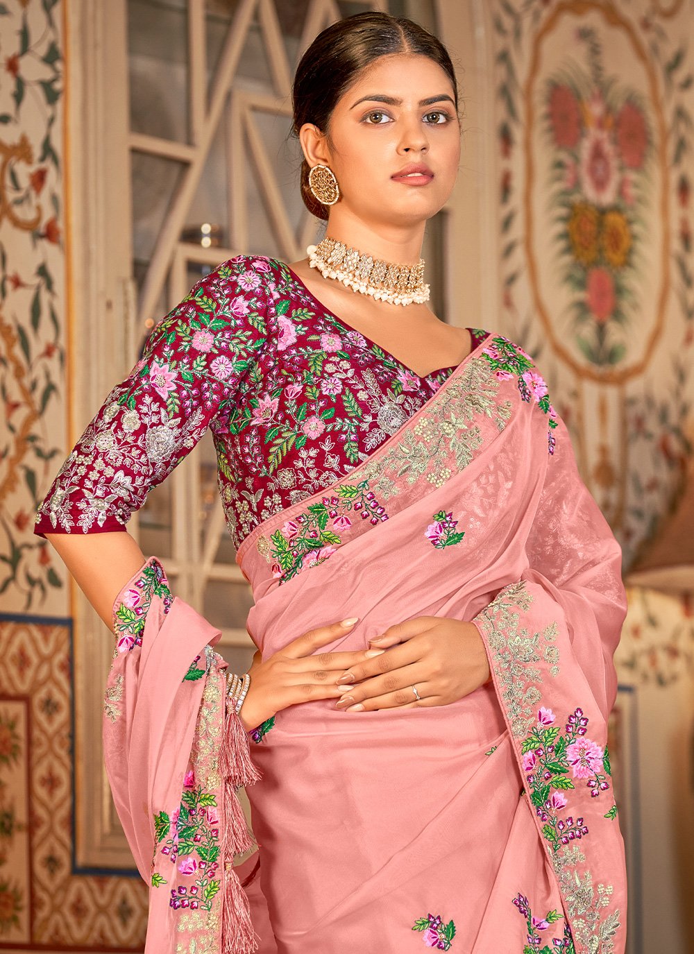 Contemporary Organza Pink Thread Saree