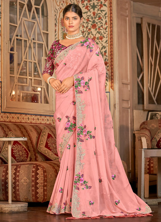 Contemporary Organza Pink Thread Saree