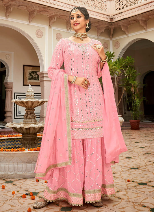 Palazzo Salwar Suit Faux Georgette Pink Embroidered Salwar Kameez