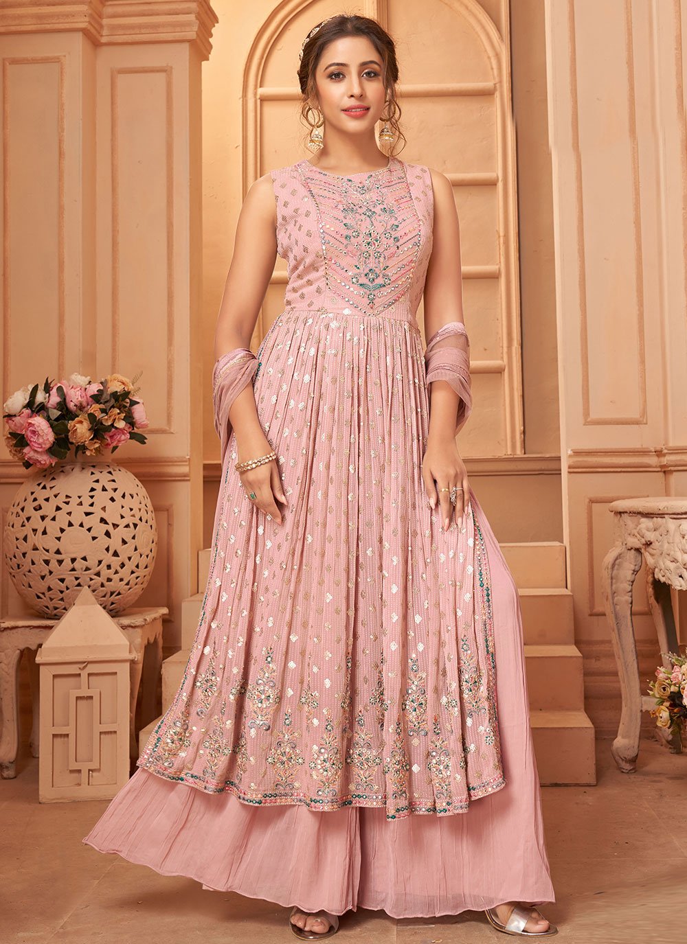 Palazzo Salwar Suit Georgette Pink Embroidered Salwar Kameez