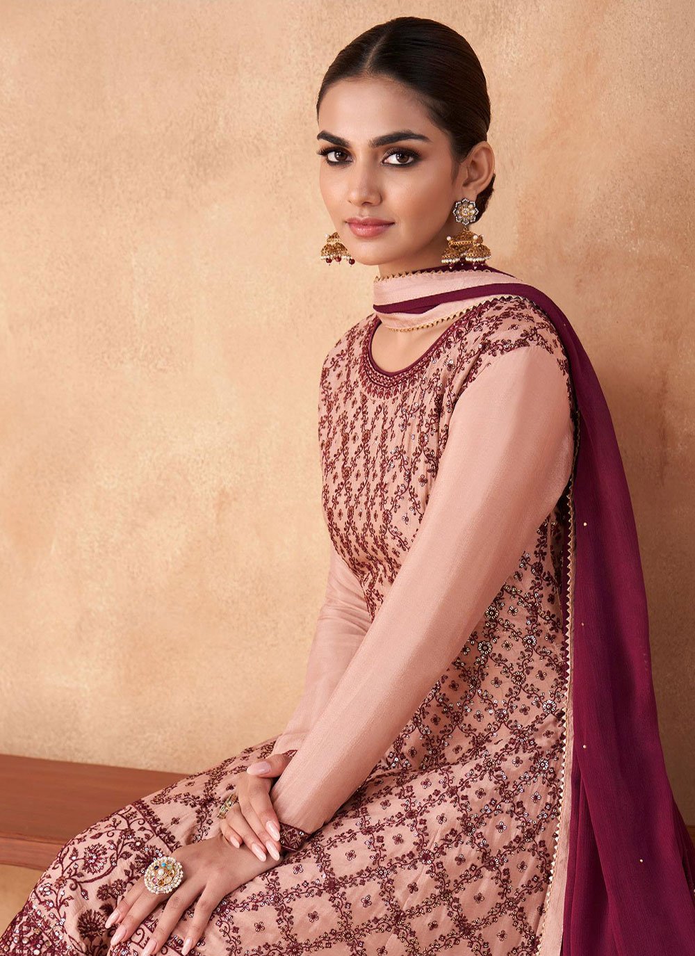 Palazzo Salwar Suit Chinon Georgette Pink Embroidered Salwar Kameez